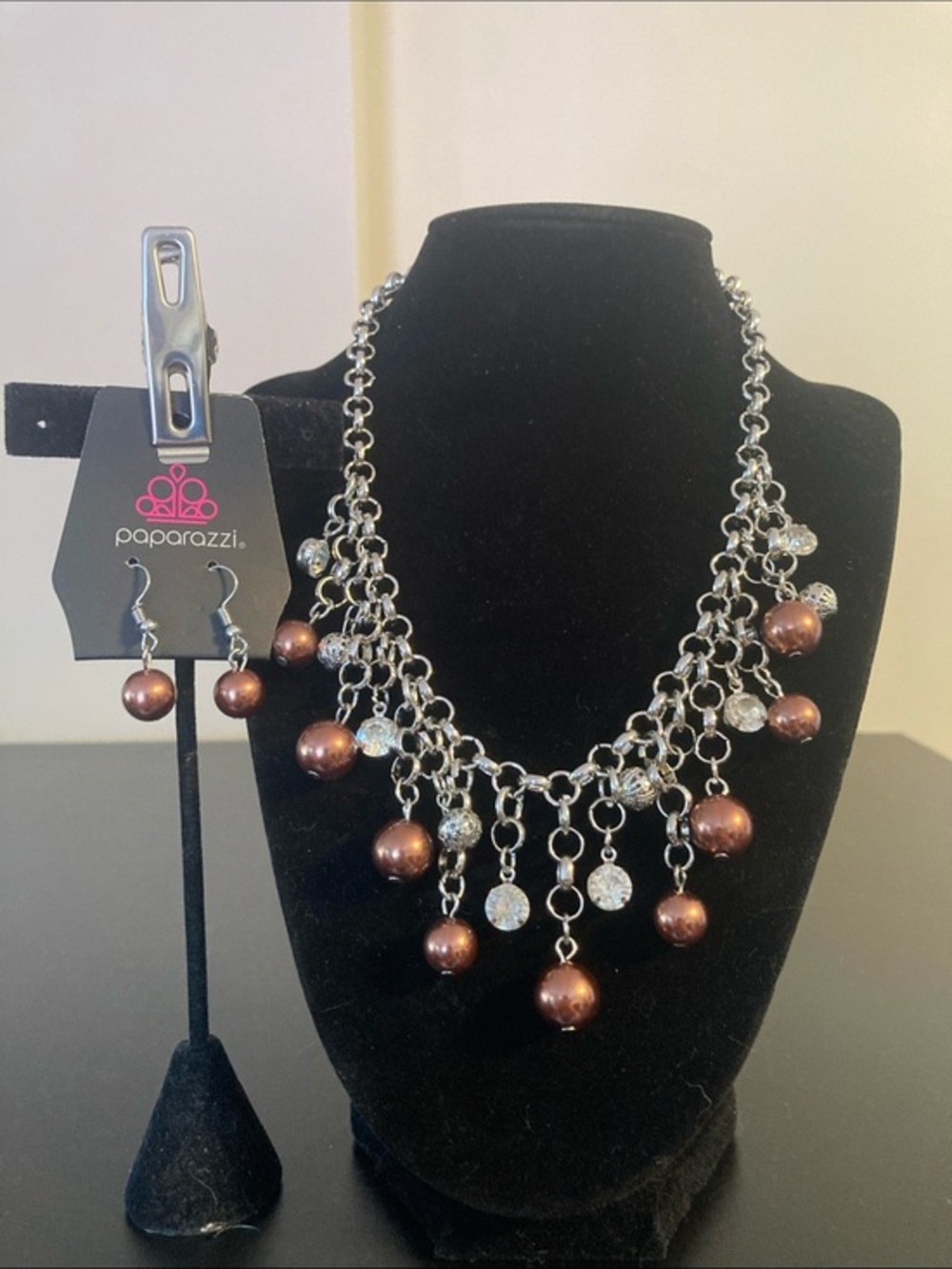 paparazzi Bronze Pearl & Silver Chain Dangle Necklace Set